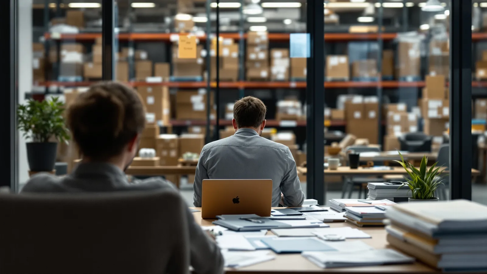 Bureau d'une PME en fin de journée, factures et classeurs sur une table, un responsable de dos