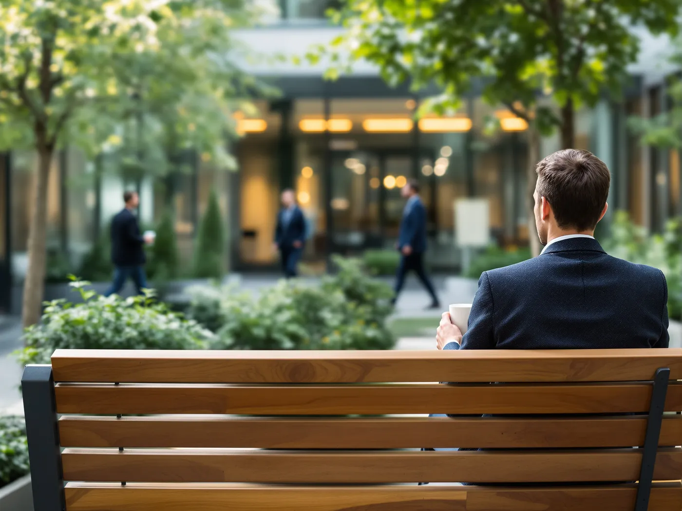 Personne de dos assise sur un banc dans la cour arborée de son entreprise, une tasse à la main, pendant une pause