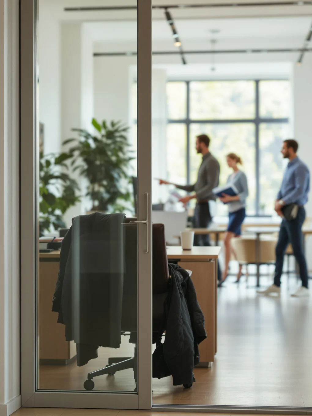 Bureau du dirigeant vide, veste sur la chaise, pendant que l'équipe travaille dans l'open space