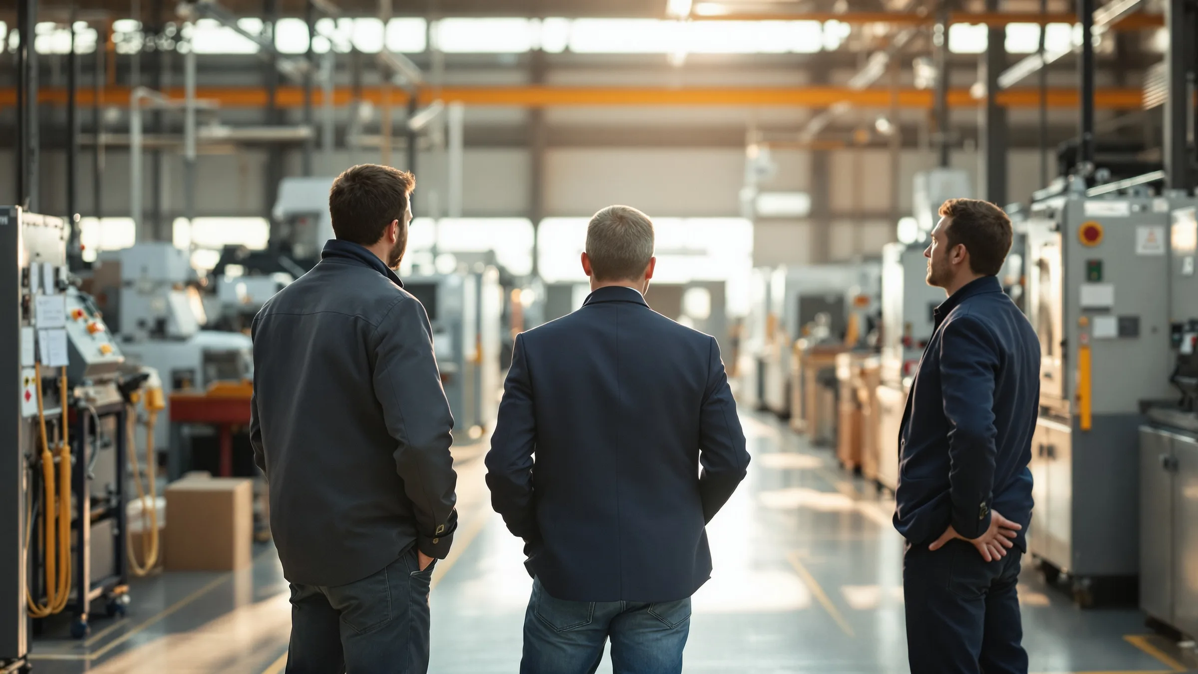 Dirigeant et deux responsables en discussion debout dans l'atelier d'une PME
