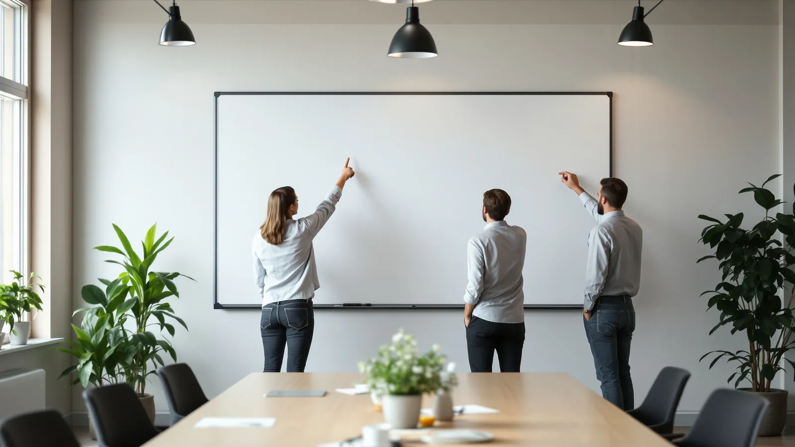 Petite équipe réunie en cercle dans une salle lumineuse, vue à travers une paroi vitrée