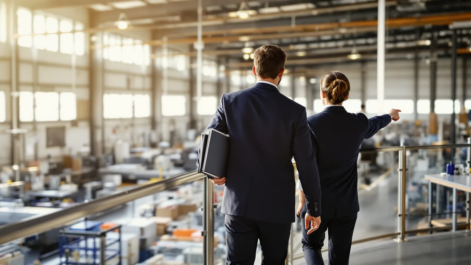 Deux professionnels marchant côte à côte sur la mezzanine d'un atelier, vus de dos
