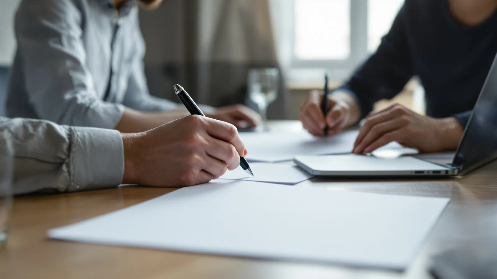 Deux personnes relisant des documents à une table de réunion, vues par-dessus l'épaule