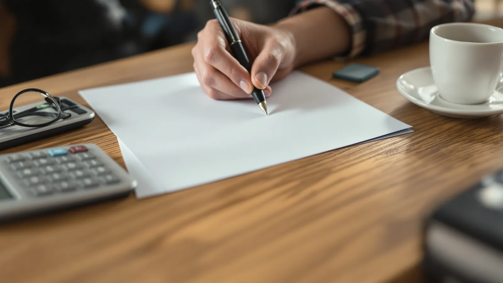 Mains tenant un stylo au-dessus de feuilles vierges sur un bureau en chêne, avec une calculatrice