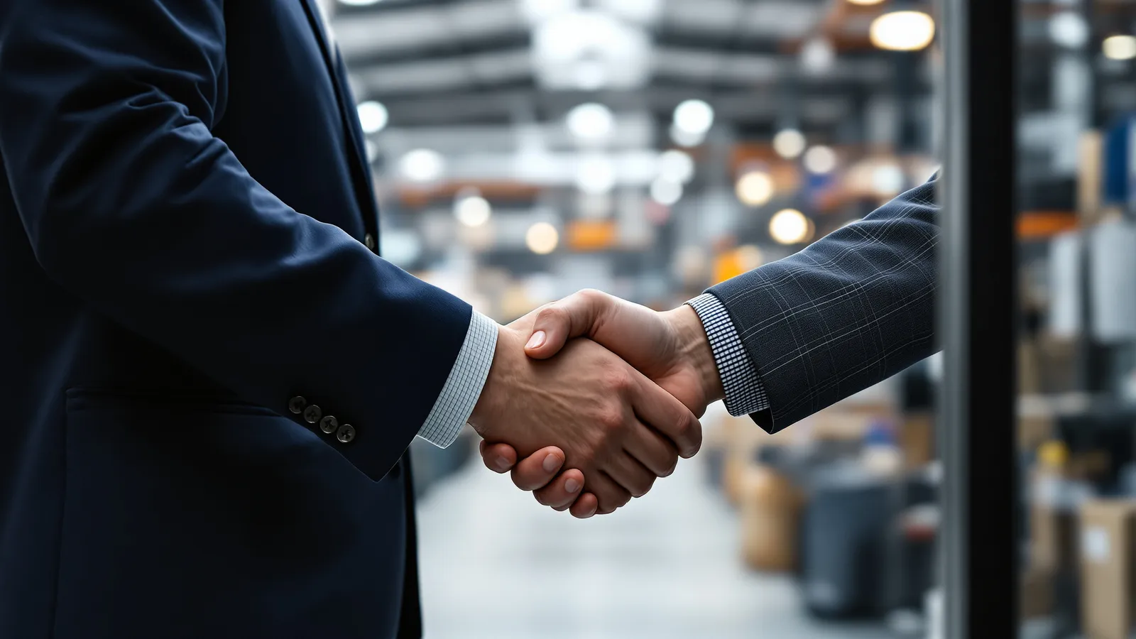 Poignée de main entre deux professionnels à l'entrée d'un showroom industriel