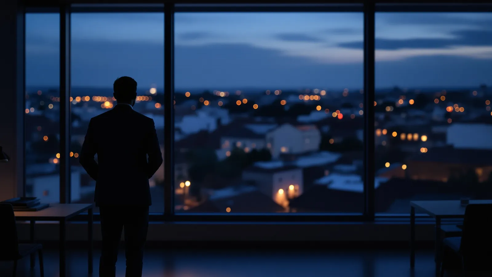 Silhouette d'un dirigeant seul à la fenêtre d'un bureau vide, à la tombée de la nuit