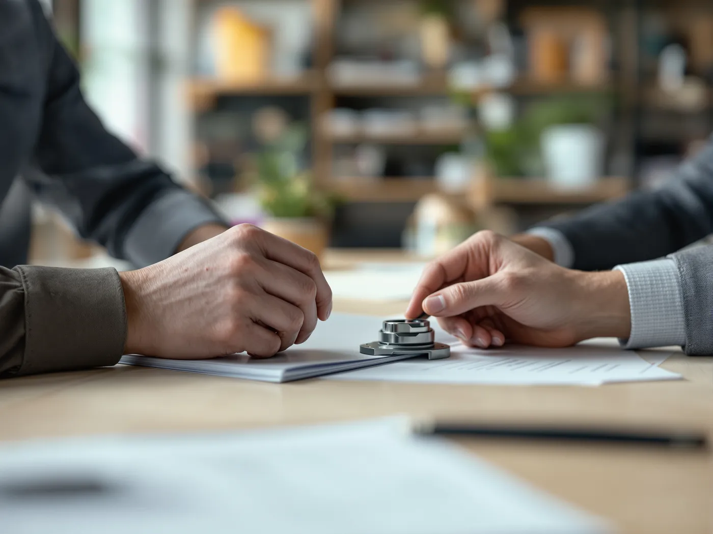 Mains de deux personnes autour d'une table, une pièce usinée posée sur des documents, lors d'un rendez-vous client