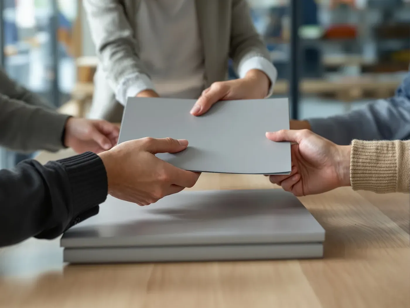 Mains de plusieurs personnes autour d'une table de réunion, un dossier passant de l'une à l'autre