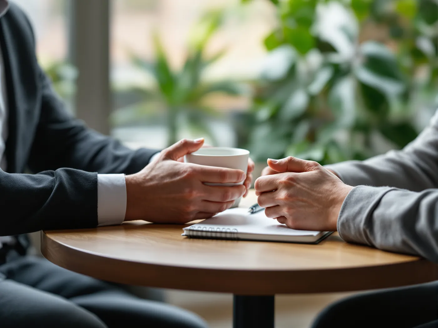 Mains de deux personnes en conversation autour d'une table ronde, une tasse et un carnet