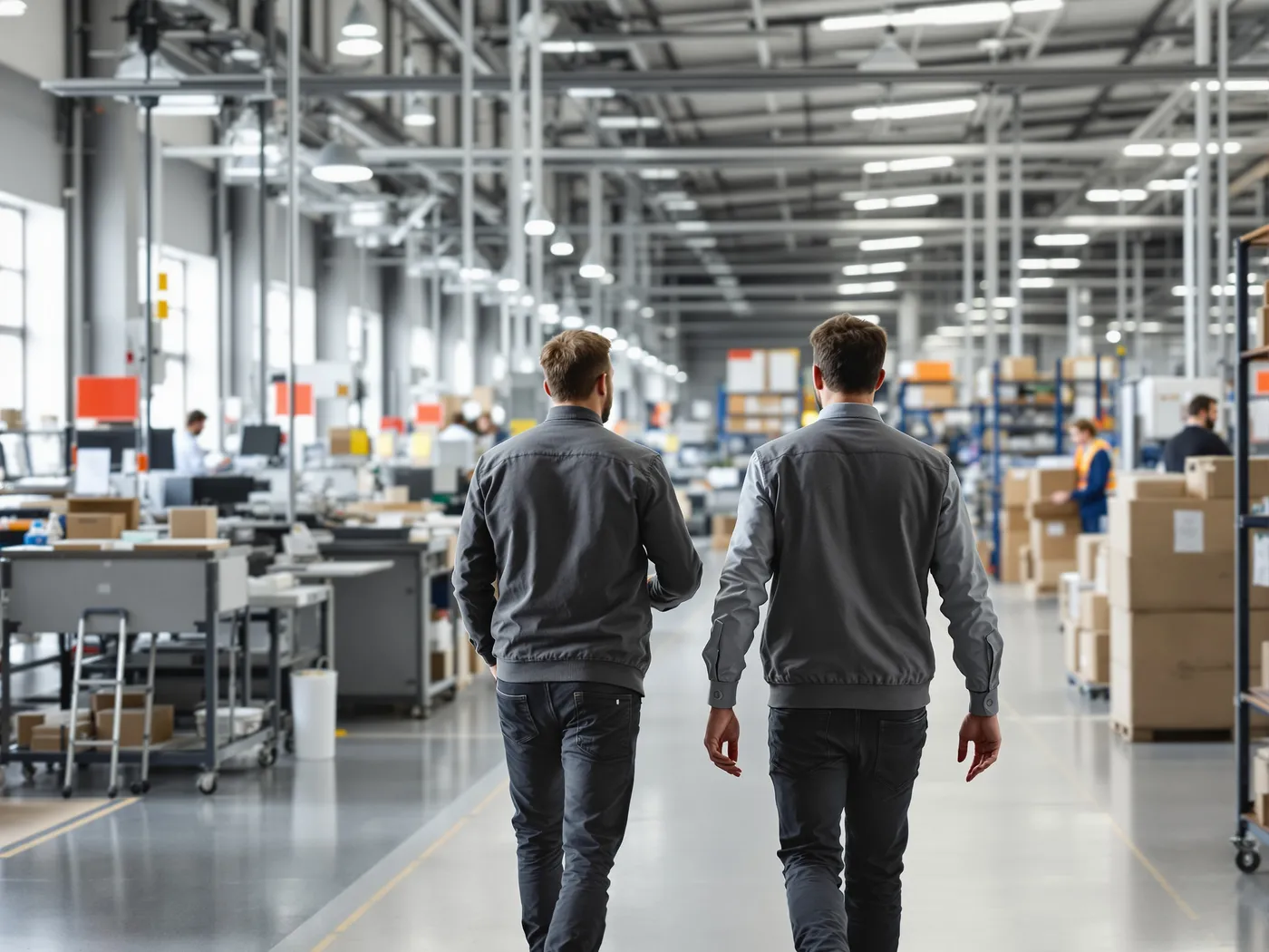 Deux personnes de dos traversant un atelier de production organisé