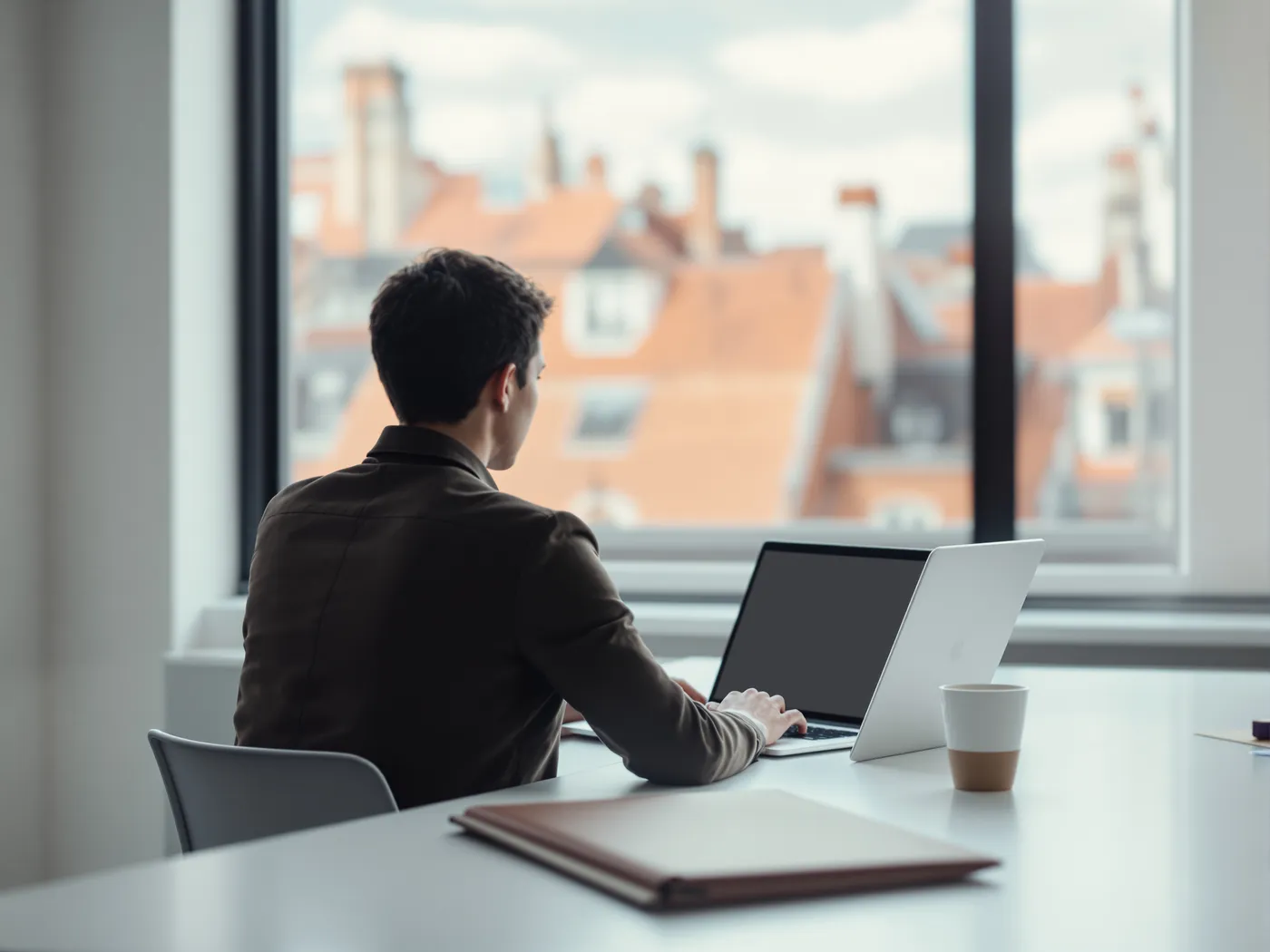 Personne de dos à son bureau devant un ordinateur, toits de Toulouse par la fenêtre